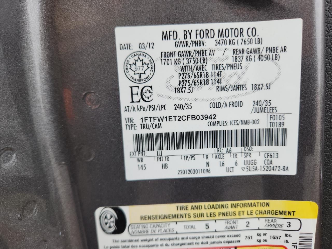 2012 Ford F150 Supercrew VIN: 1FTFW1ET2CFB03942 Lot: 92210125