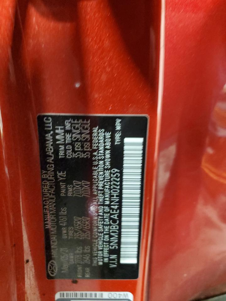 2022 Hyundai Tucson Sel VIN: 5NMJBCAE4NH022259 Lot: 91898025