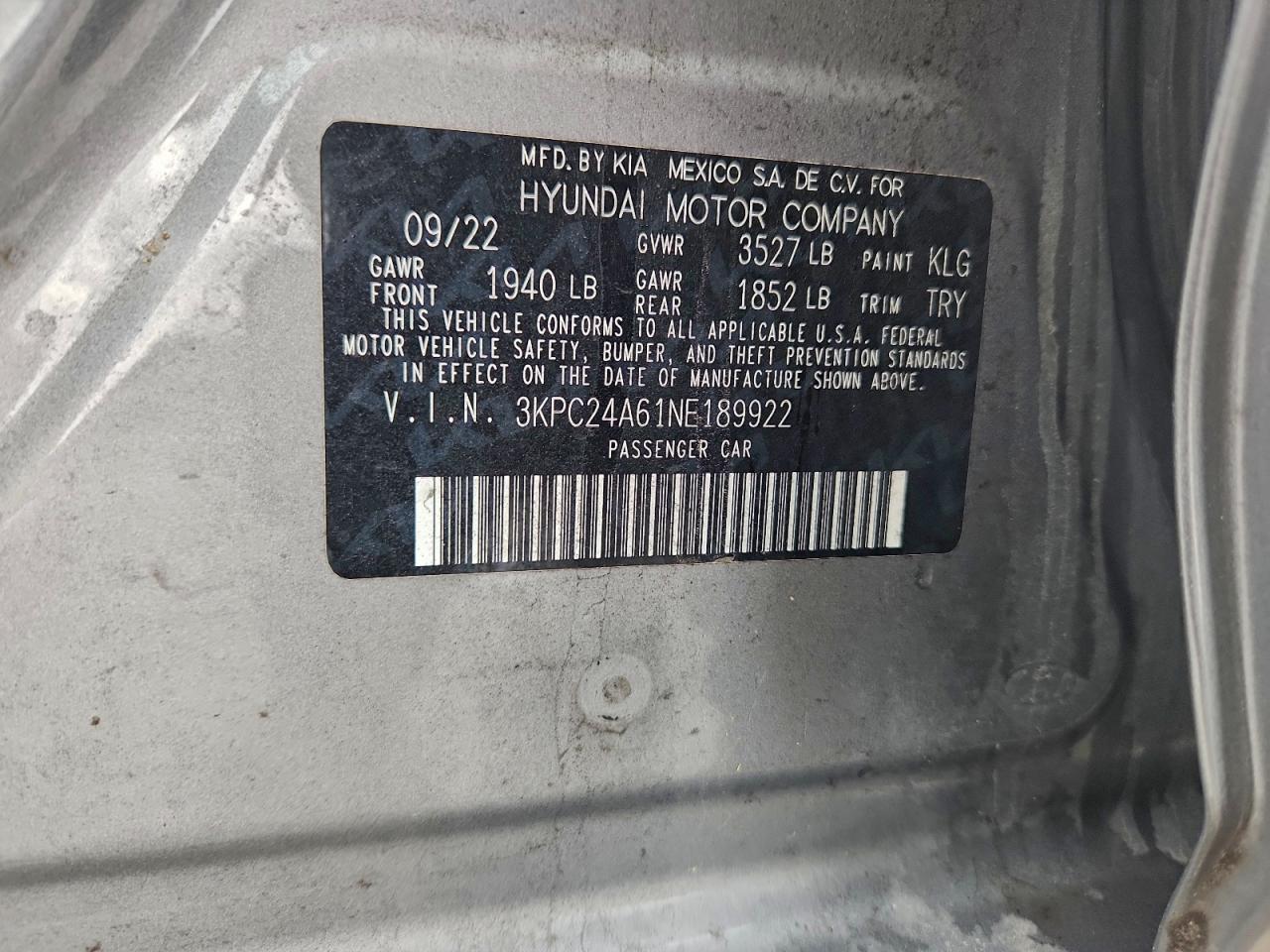 2022 Hyundai Accent Se VIN: 3KPC24A61NE189922 Lot: 93961735