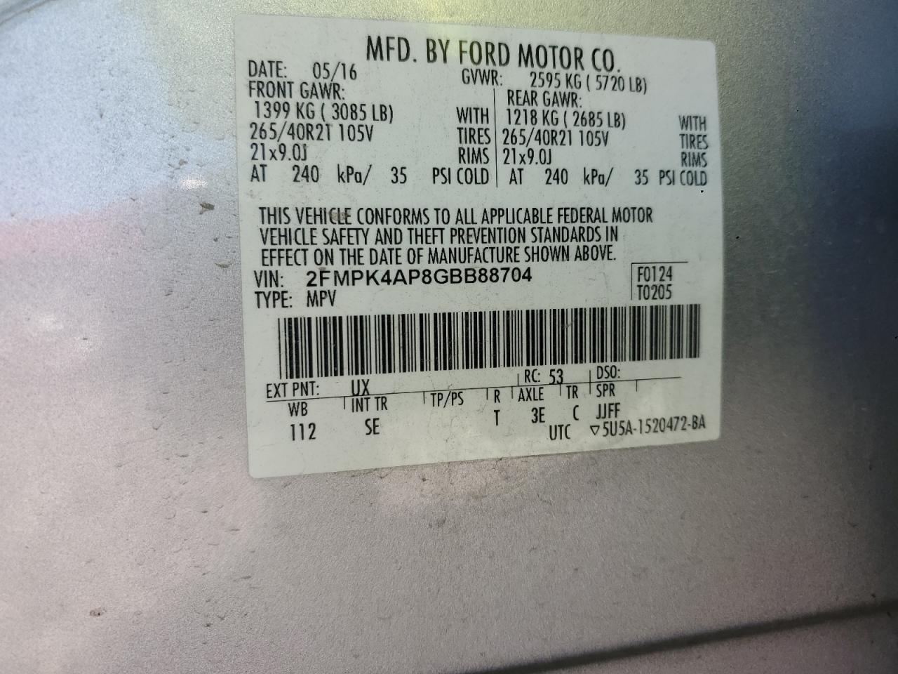 2016 Ford Edge Sport VIN: 2FMPK4AP8GBB88704 Lot: 90655275