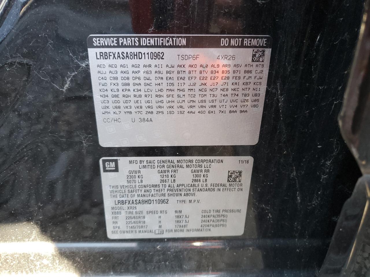 2017 Buick Envision Preferred VIN: LRBFXASA8HD110962 Lot: 90853785