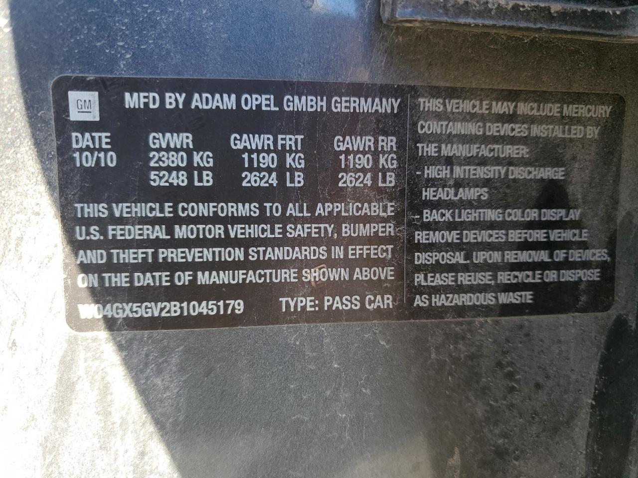 2011 Buick Regal Cxl VIN: W04GX5GV2B1045179 Lot: 91374655