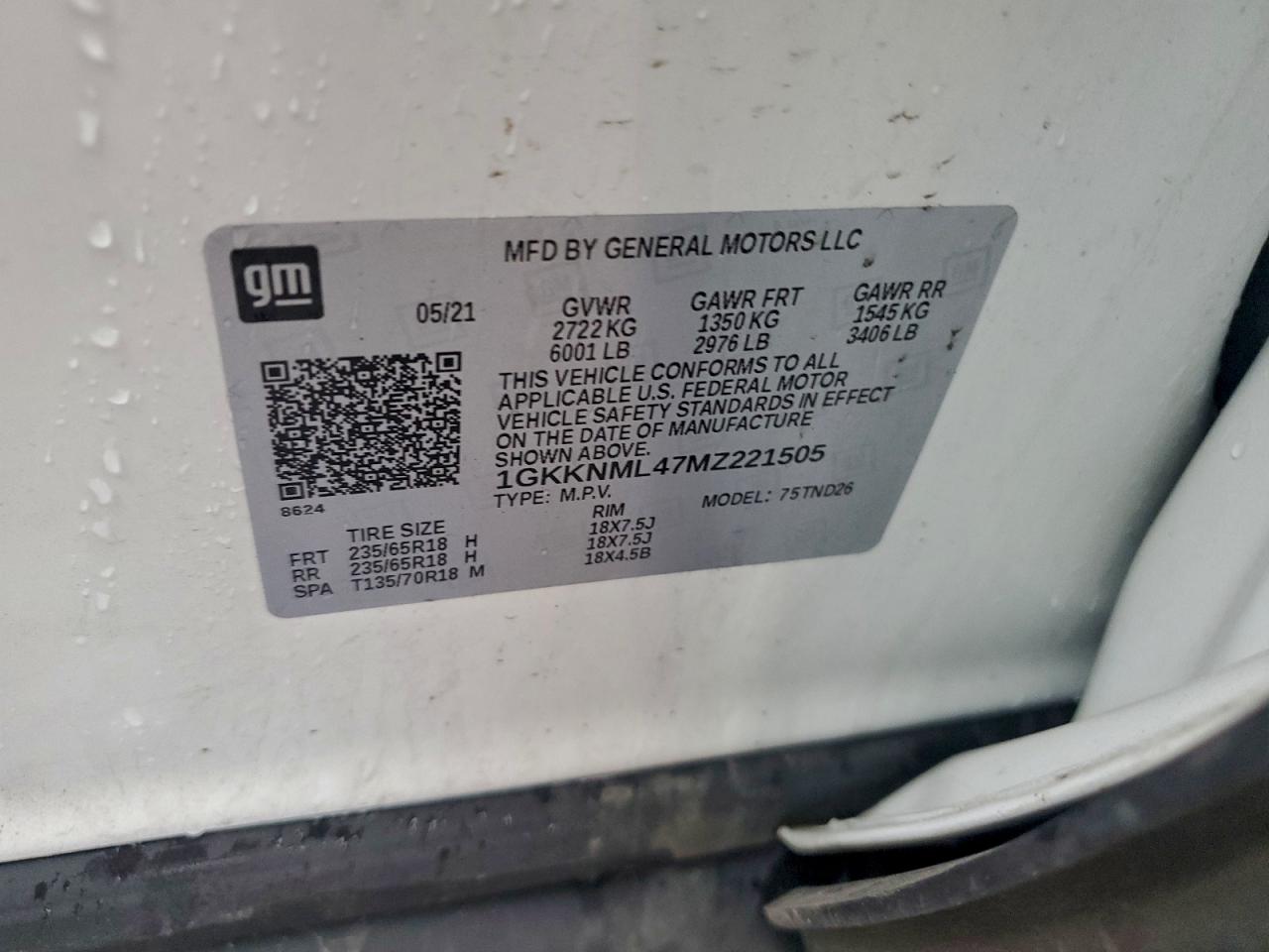 2021 GMC Acadia Slt VIN: 1GKKNML47MZ221505 Lot: 94432125