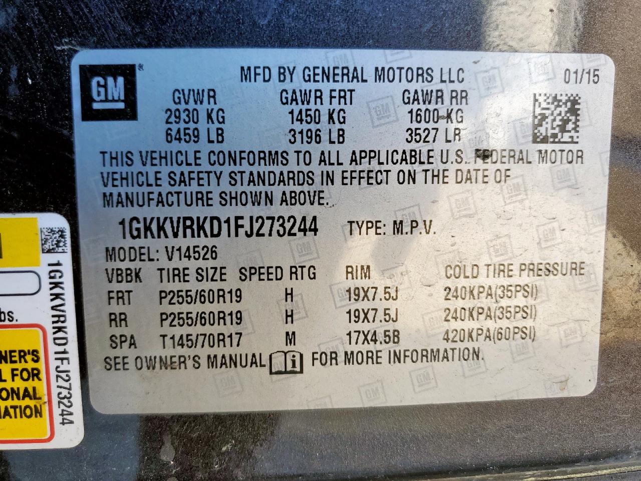 2015 GMC Acadia Slt-1 VIN: 1GKKVRKD1FJ273244 Lot: 91778625