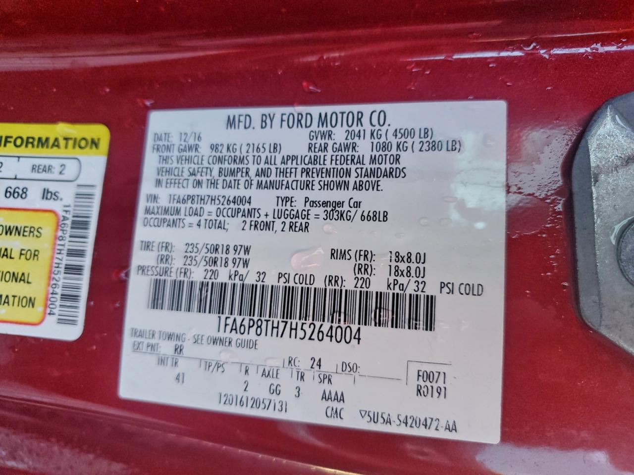 2017 Ford Mustang VIN: 1FA6P8TH7H5264004 Lot: 94472675