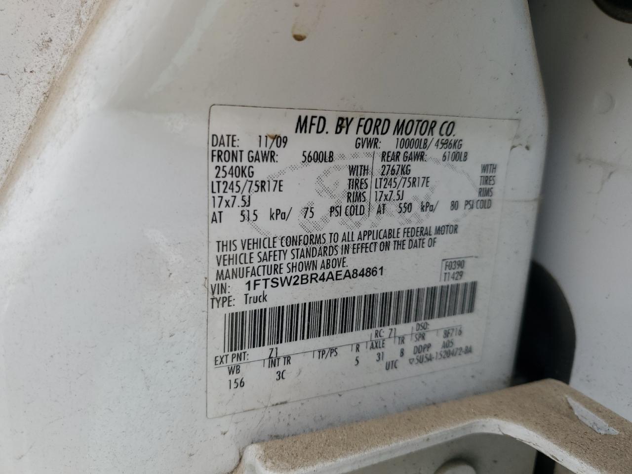 2010 Ford F250 Super Duty VIN: 1FTSW2BR4AEA84861 Lot: 91665015