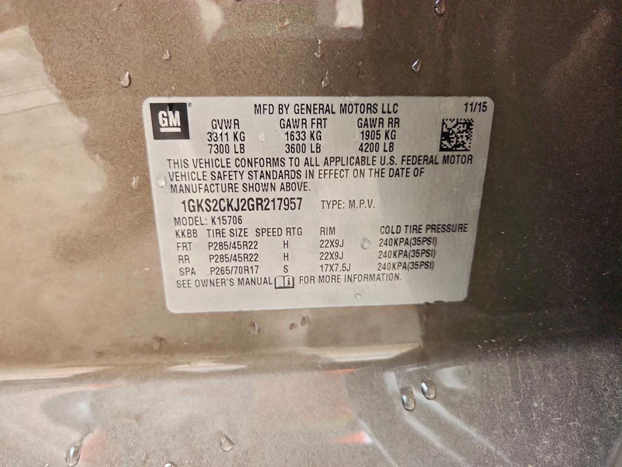 2016 GMC Yukon Denali VIN: 1GKS2CKJ2GR217957 Lot: 93931265