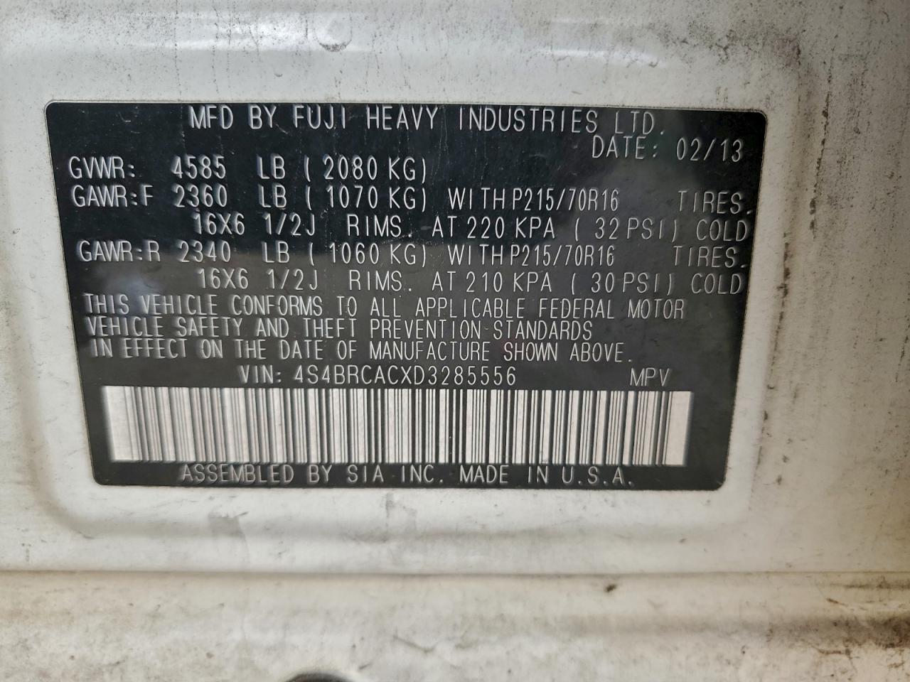 2013 Subaru Outback 2.5I VIN: 4S4BRCACXD3285556 Lot: 94381455