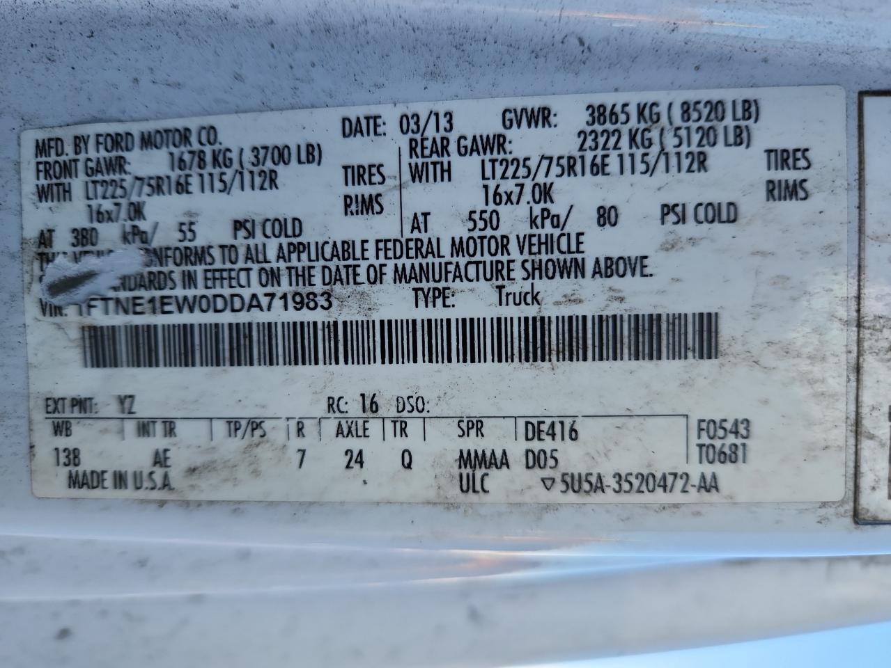 2013 Ford Econoline E150 Van VIN: 1FTNE1EW0DDA71983 Lot: 92921585