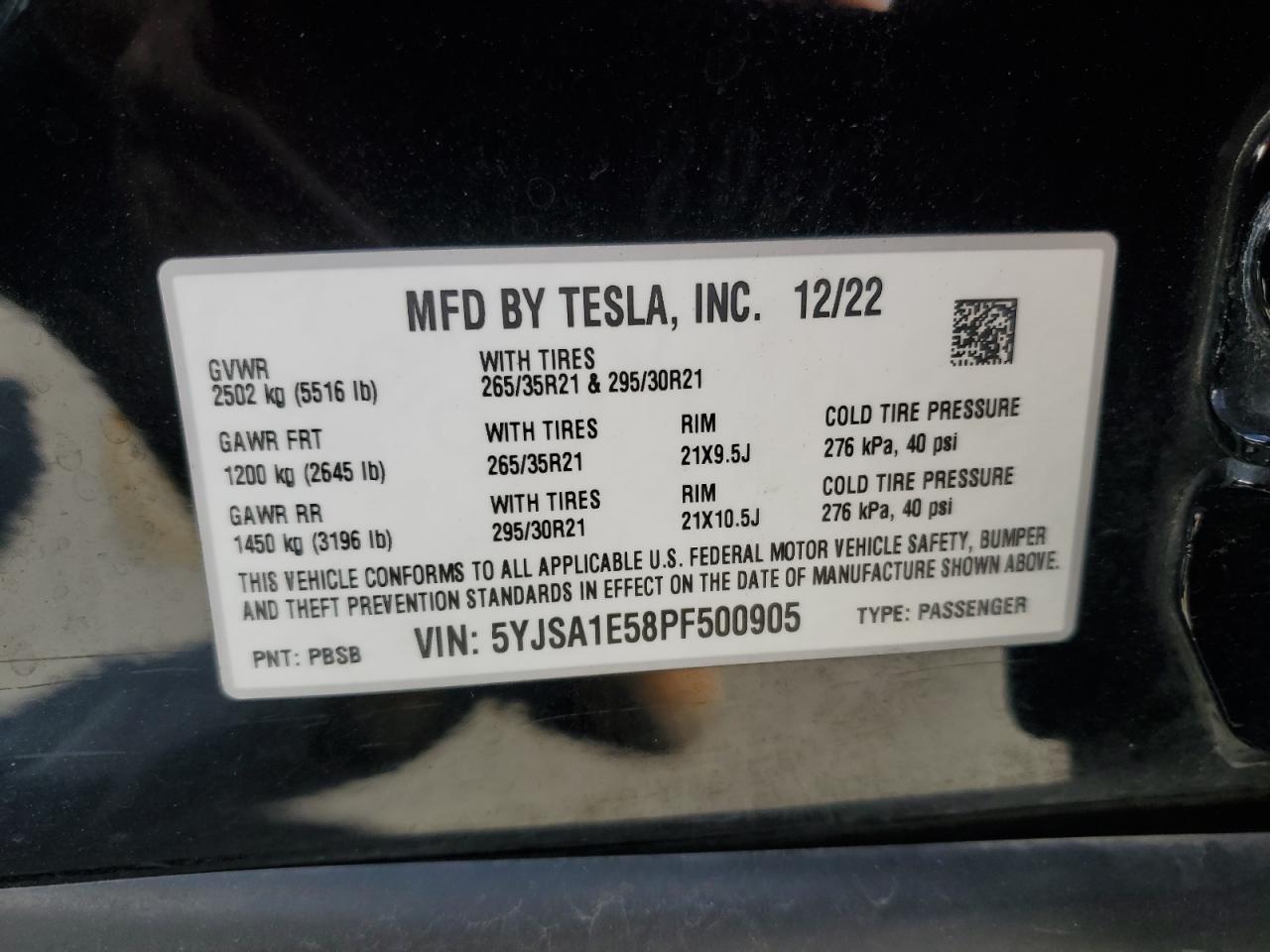 2023 Tesla Model S VIN: 5YJSA1E58PF500905 Lot: 91231955