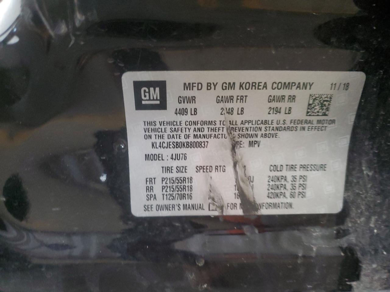 2019 Buick Encore Preferred VIN: KL4CJESB0KB800837 Lot: 92160125