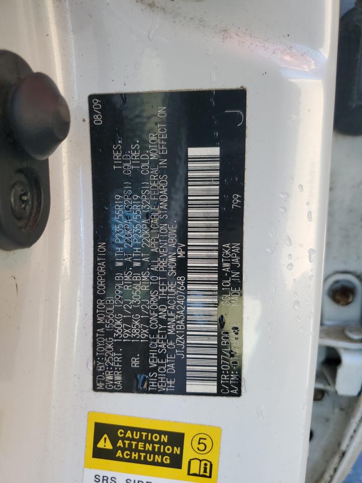 2010 Lexus Rx 350 VIN: JTJZK1BA3A2407648 Lot: 91430495