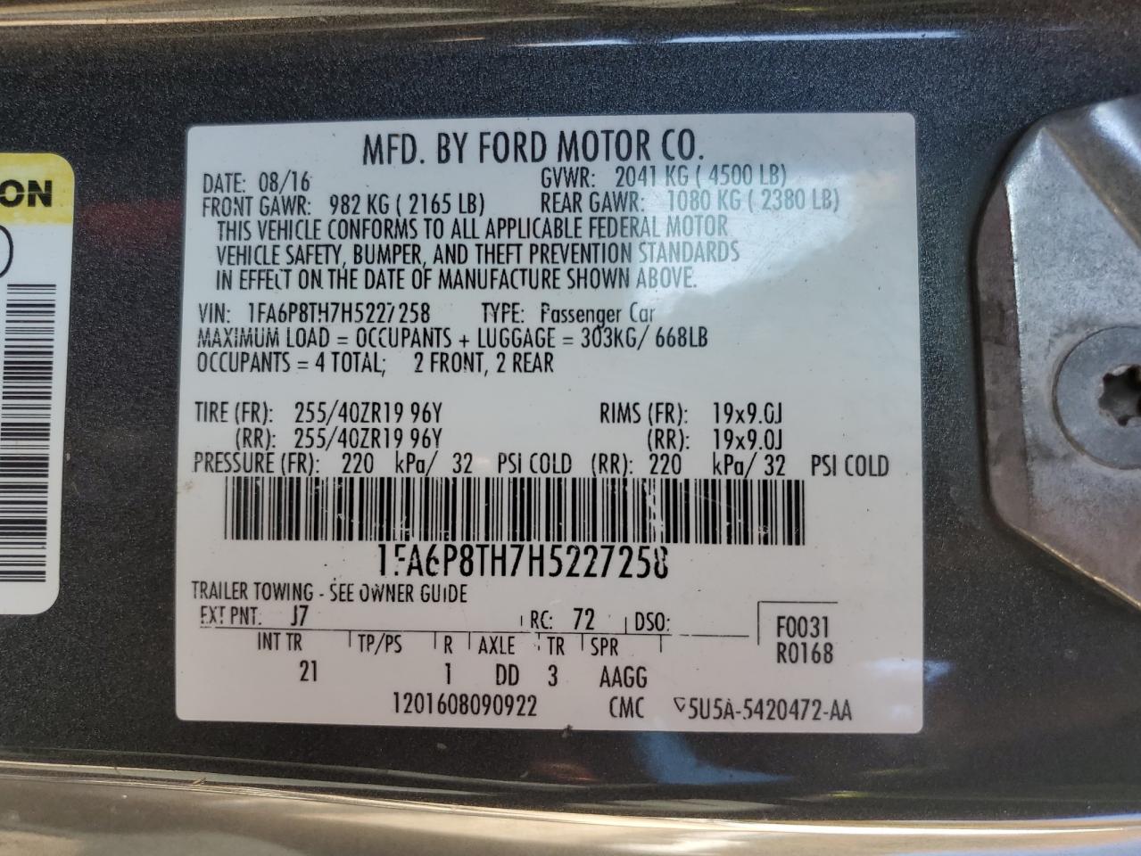 2017 Ford Mustang VIN: 1FA6P8TH7H5227258 Lot: 91001815