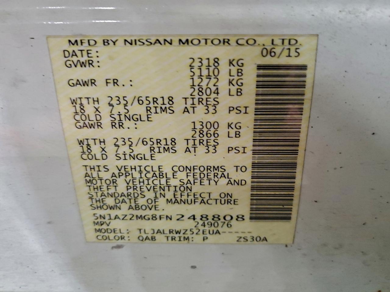 2015 Nissan Murano S VIN: 5N1AZ2MG8FN248808 Lot: 93648595