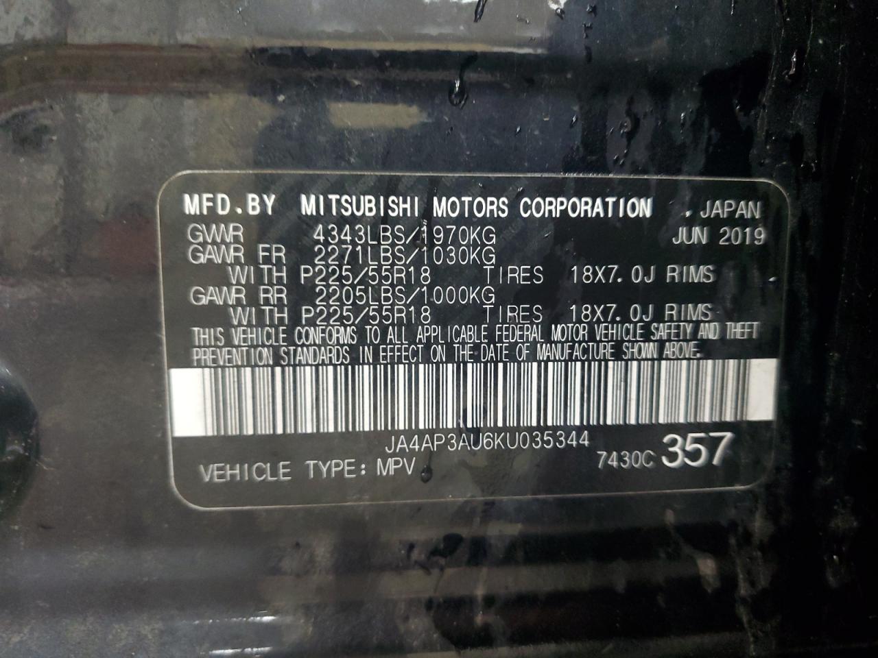 2019 Mitsubishi Outlander Sport Es VIN: JA4AP3AU6KU035344 Lot: 91177305