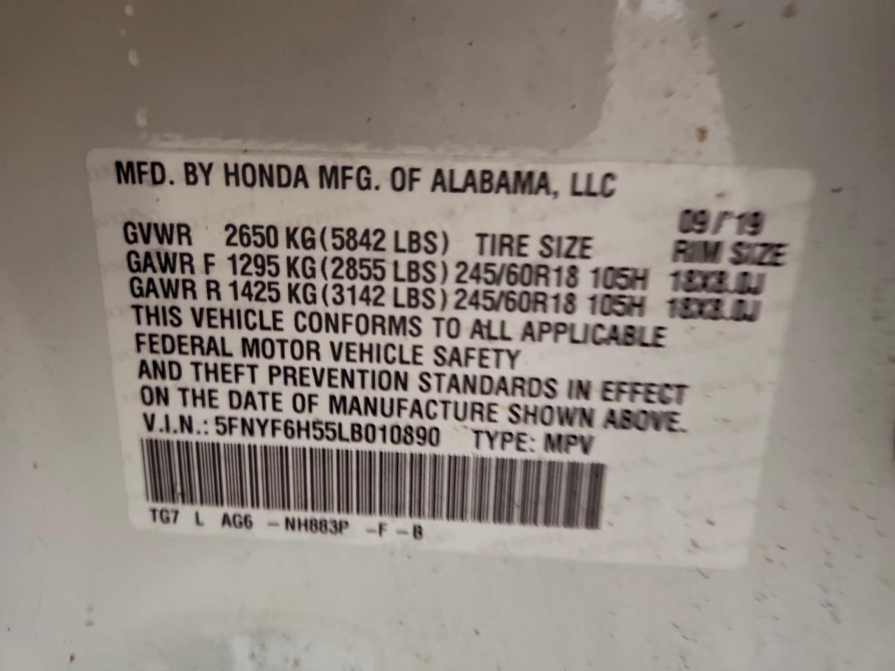 2020 Honda Pilot Exl VIN: 5FNYF6H55LB010890 Lot: 93713965