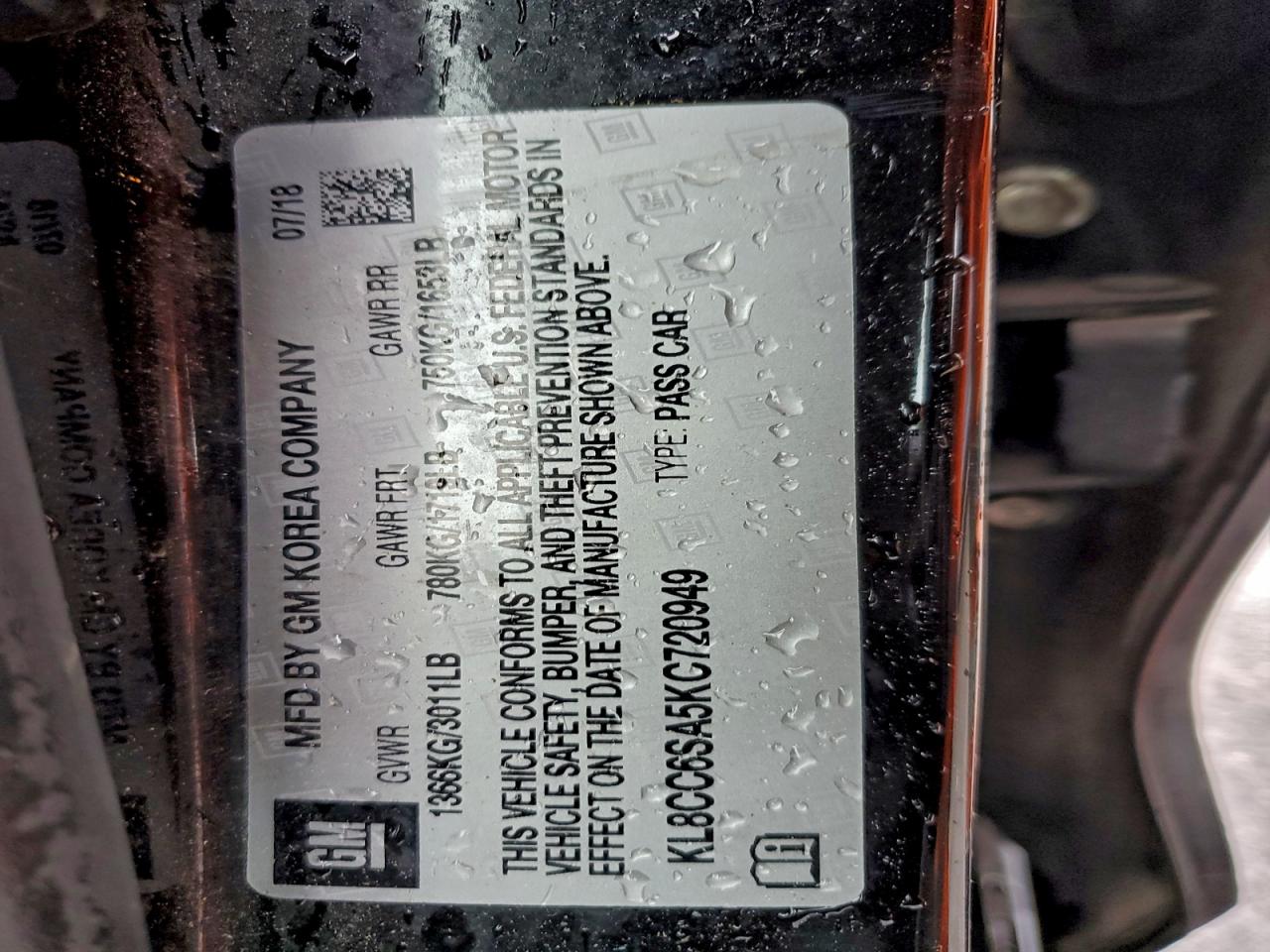 2019 Chevrolet Spark 1Lt VIN: KL8CC6SA5KC720949 Lot: 93758145