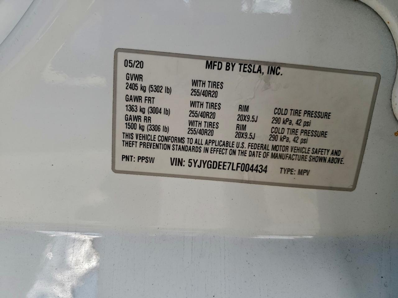 2020 Tesla Model Y VIN: 5YJYGDEE7LF004434 Lot: 92901395