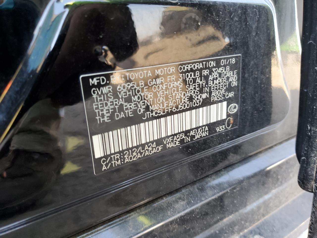 2018 Lexus Ls 500 VIN: JTHC5LFF6J5001037 Lot: 93023875