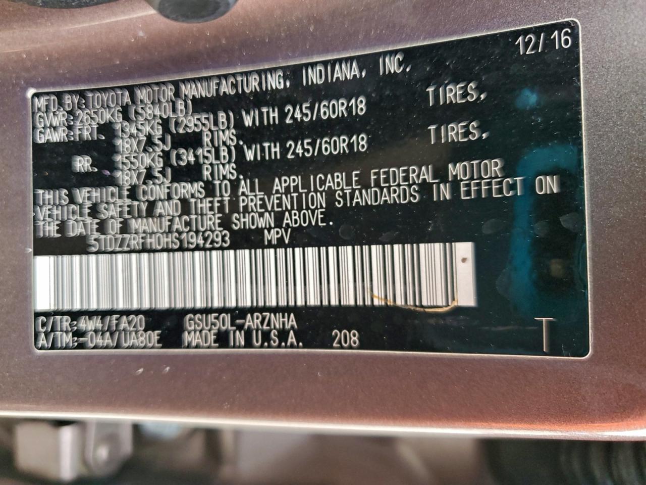 2017 Toyota Highlander Le VIN: 5TDZZRFH0HS194293 Lot: 94440065