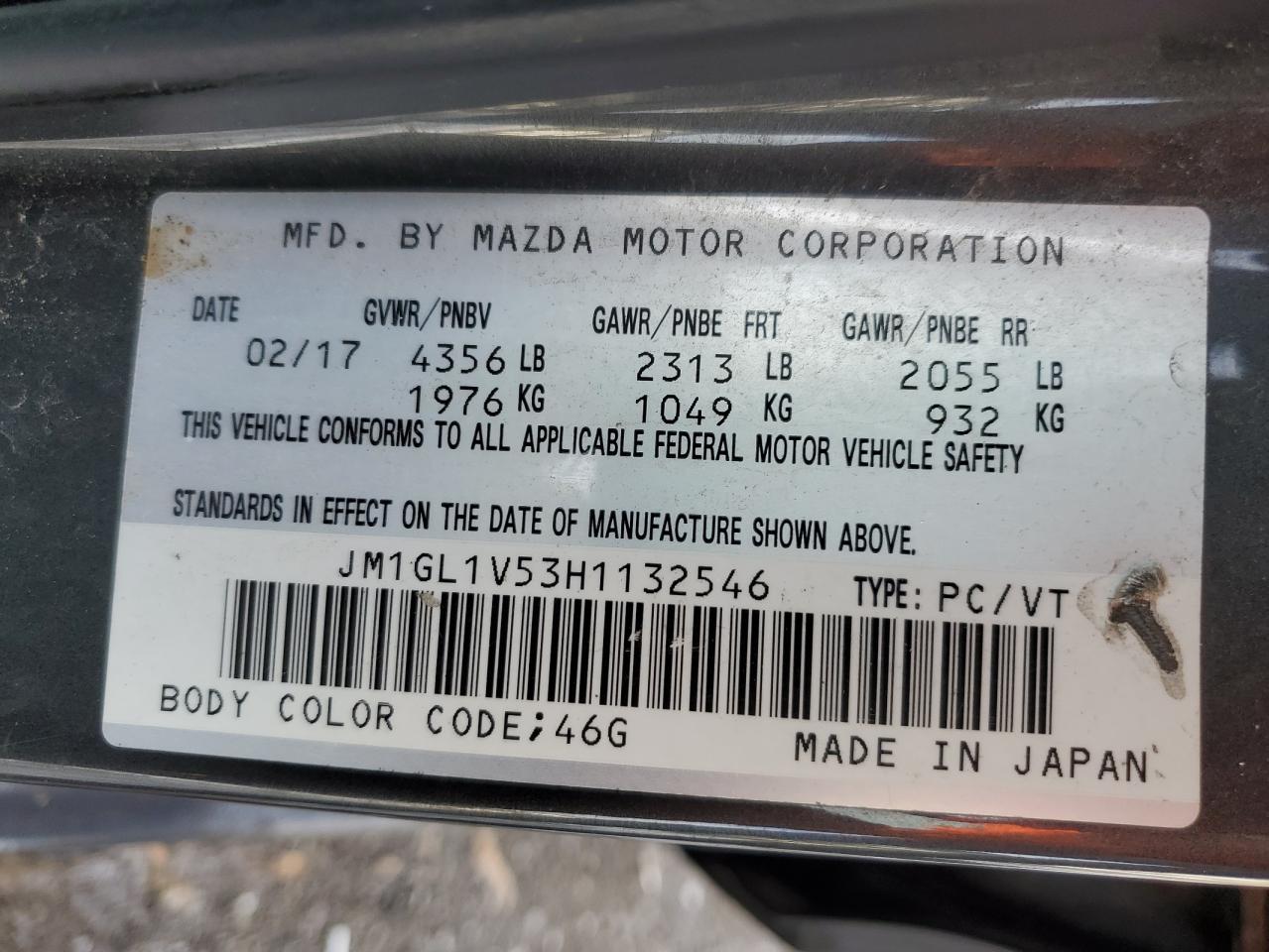 2017 Mazda 6 Touring VIN: JM1GL1V53H1132546 Lot: 93013355