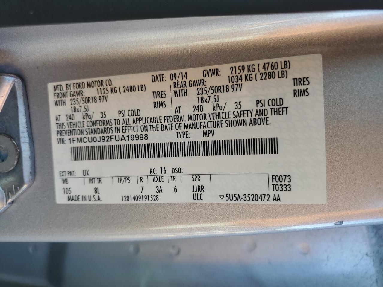 2015 Ford Escape Titanium VIN: 1FMCU0J92FUA19998 Lot: 92706115