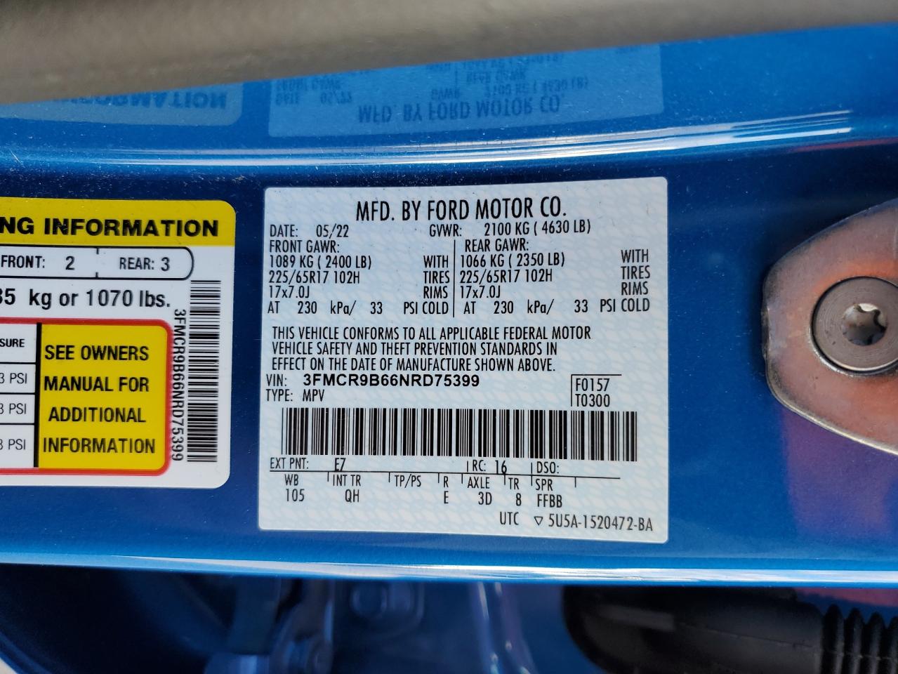 2022 Ford Bronco Sport Big Bend VIN: 3FMCR9B66NRD75399 Lot: 91826005