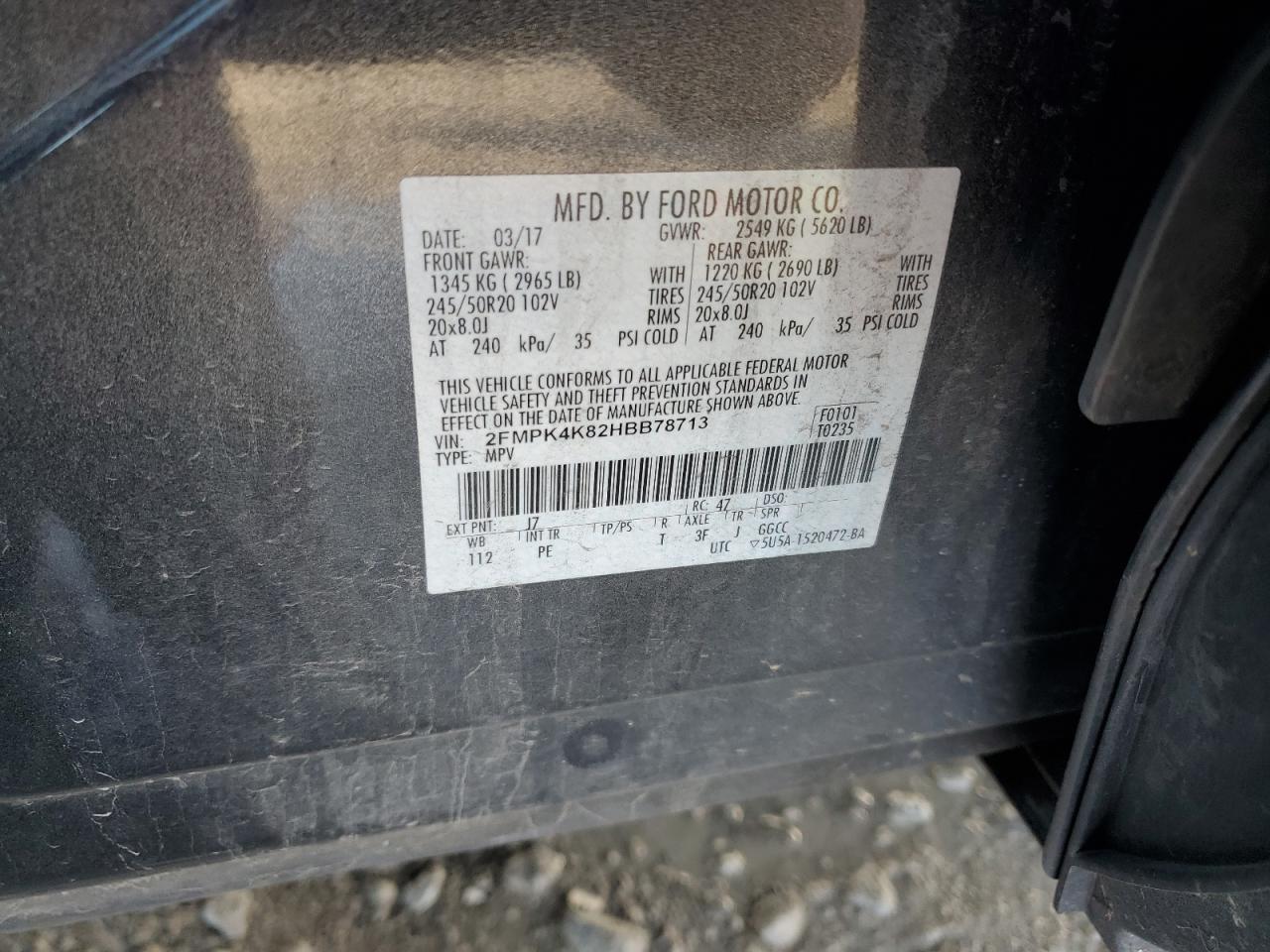 2017 Ford Edge Titanium VIN: 2FMPK4K82HBB78713 Lot: 93274825