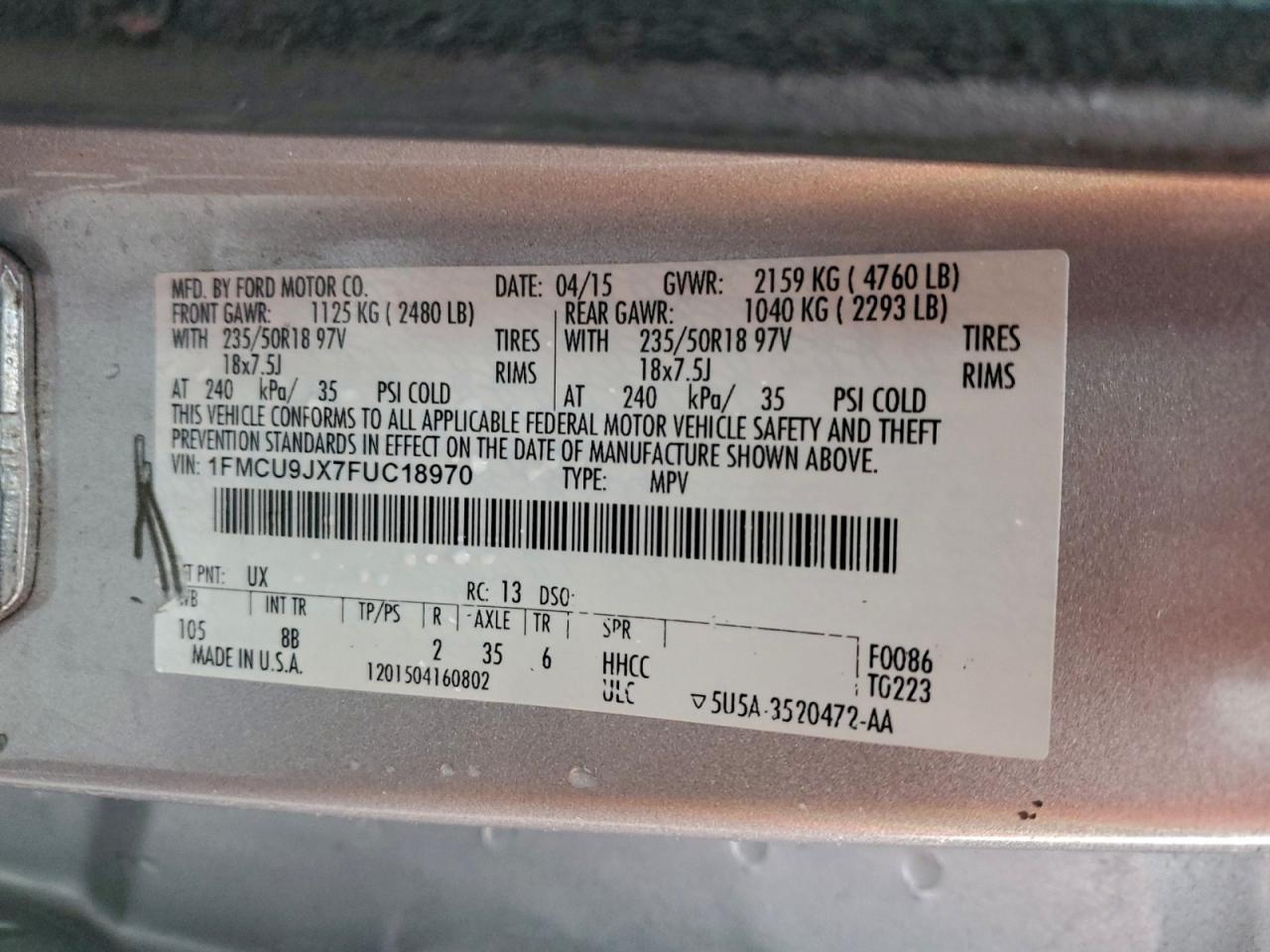 2015 Ford Escape Titanium VIN: 1FMCU9JX7FUC18970 Lot: 94697535