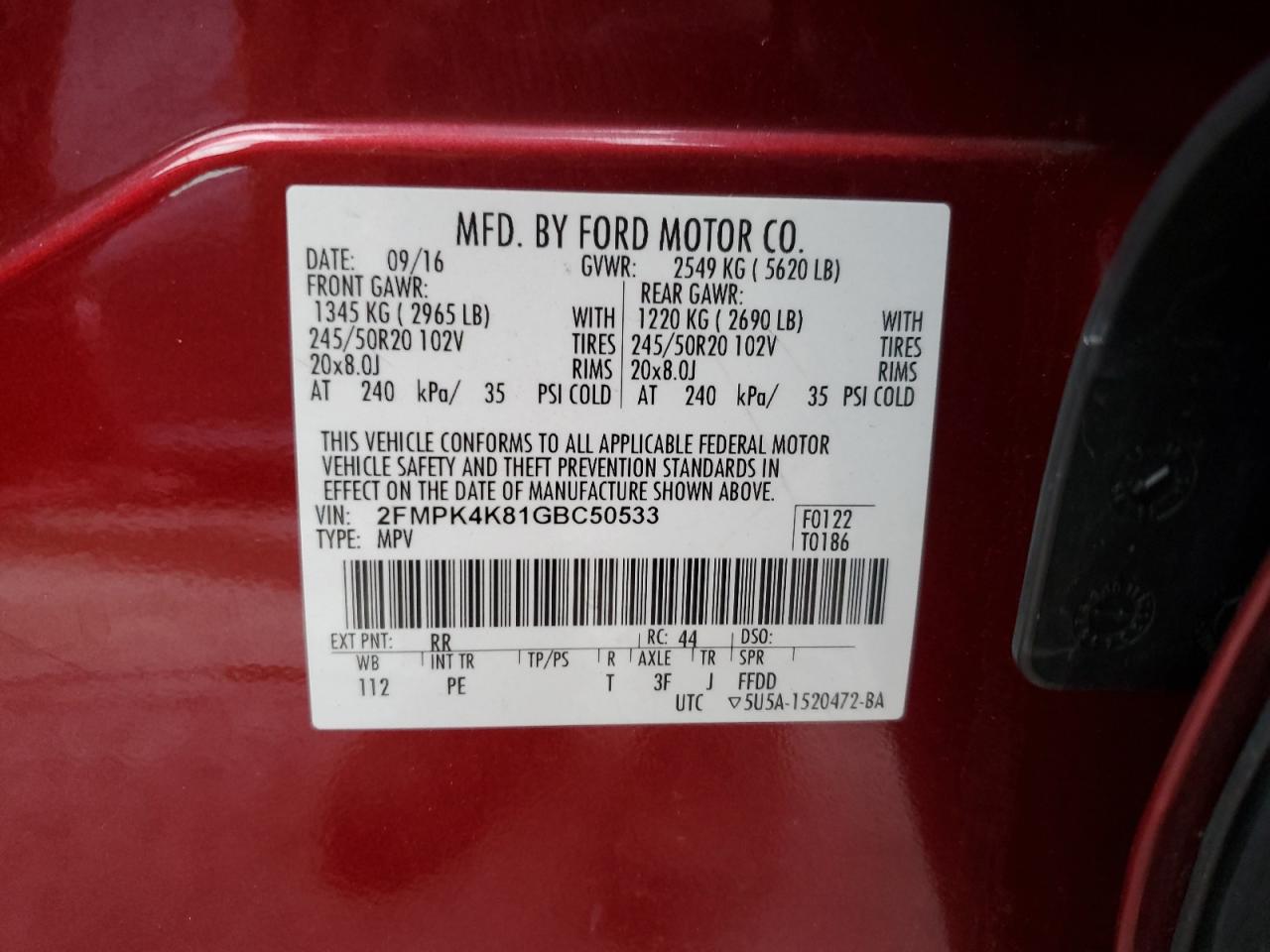 2016 Ford Edge Titanium VIN: 2FMPK4K81GBC50533 Lot: 92565815