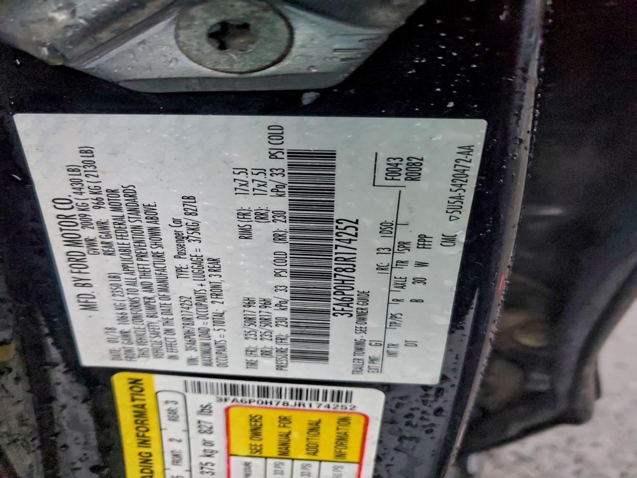 2018 Ford Fusion Se VIN: 3FA6P0H78JR174252 Lot: 94458045