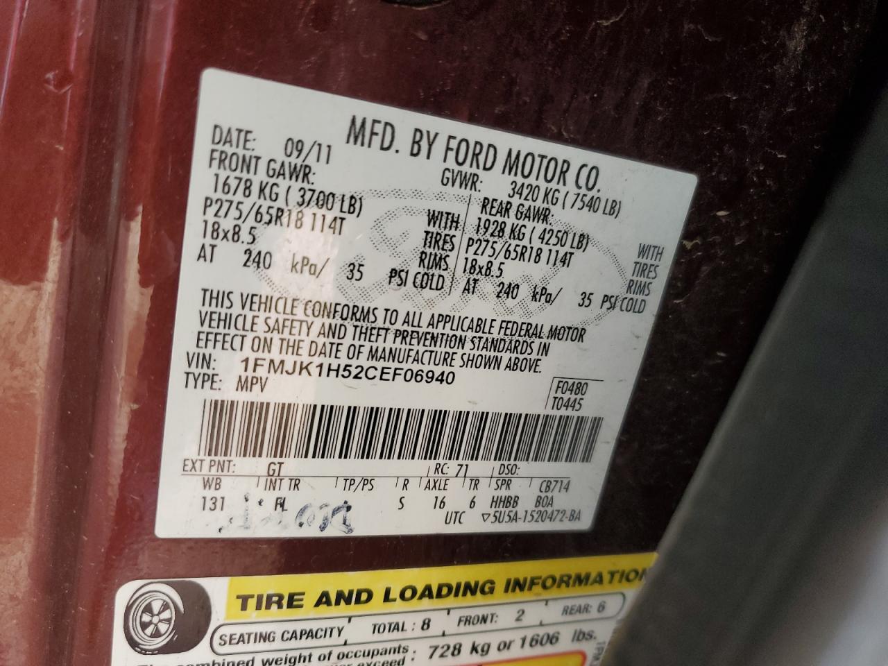 2012 Ford Expedition El Xlt VIN: 1FMJK1H52CEF06940 Lot: 91878685