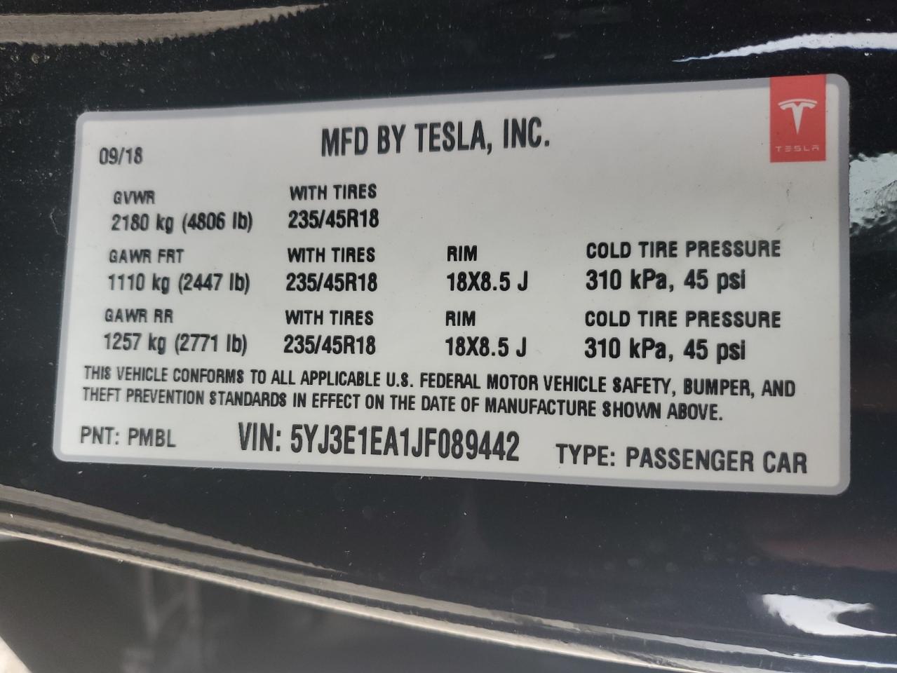 2018 Tesla Model 3 VIN: 5YJ3E1EA1JF089442 Lot: 92235005