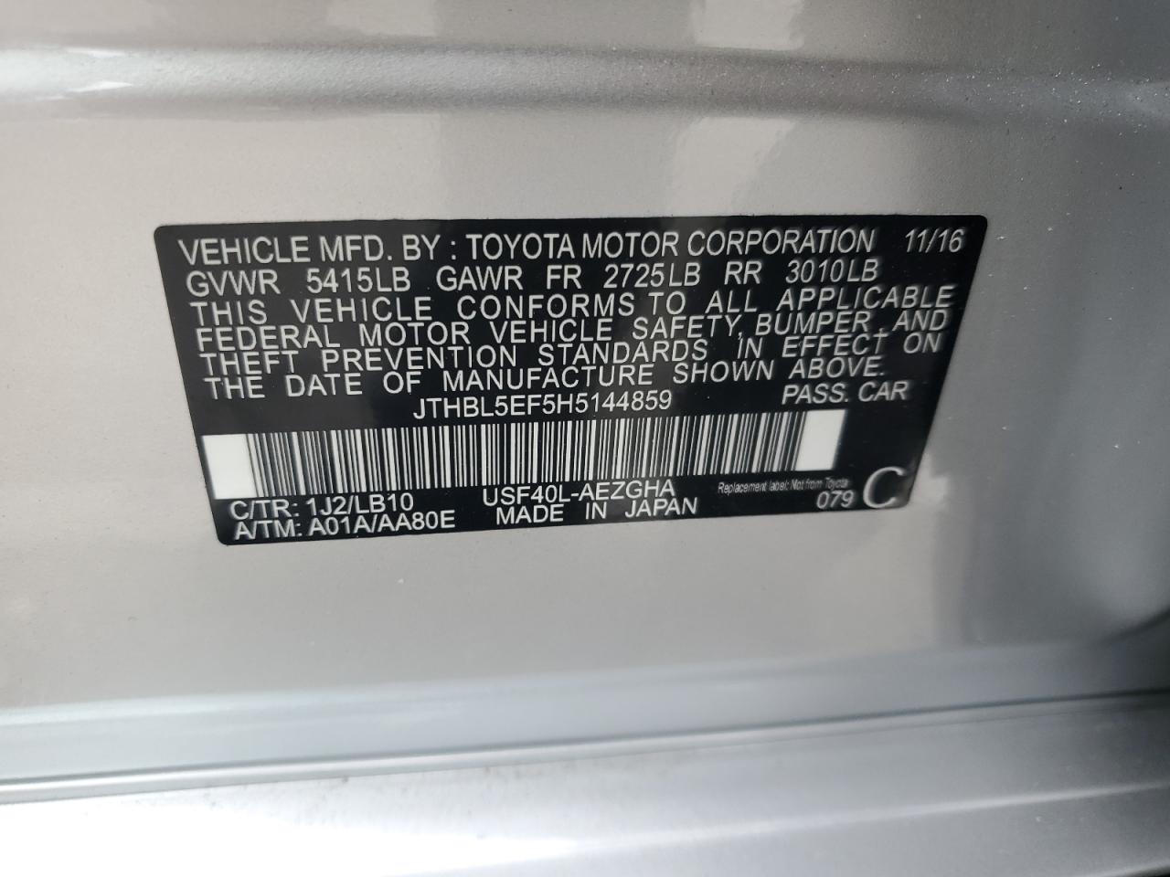 2017 Lexus Ls 460 VIN: JTHBL5EF5H5144859 Lot: 92637255