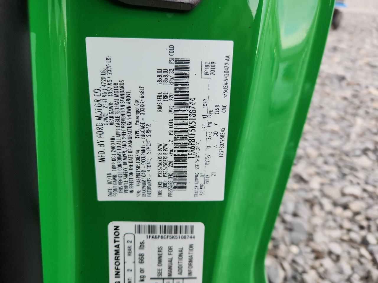 2019 Ford Mustang Gt VIN: 1FA6P8CF5K5108744 Lot: 91580455