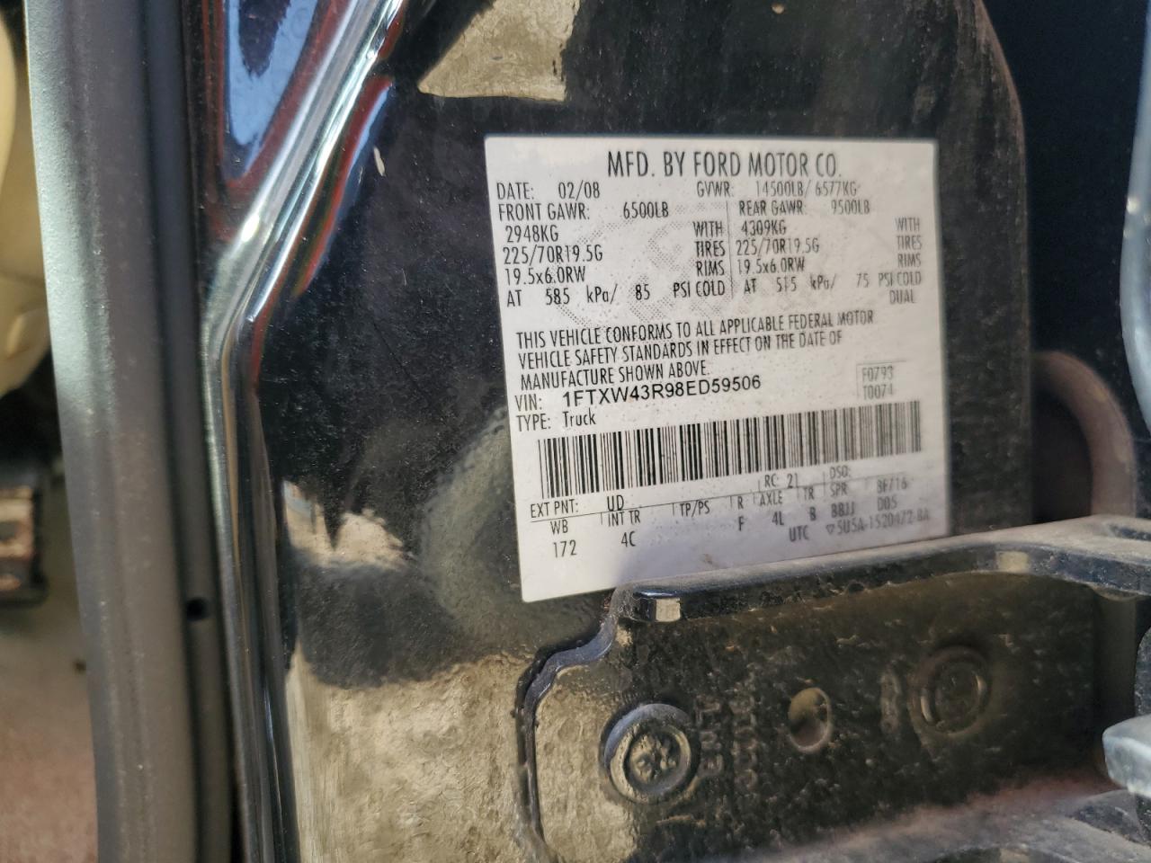 2008 Ford F450 Super Duty VIN: 1FTXW43R98ED59506 Lot: 90888995