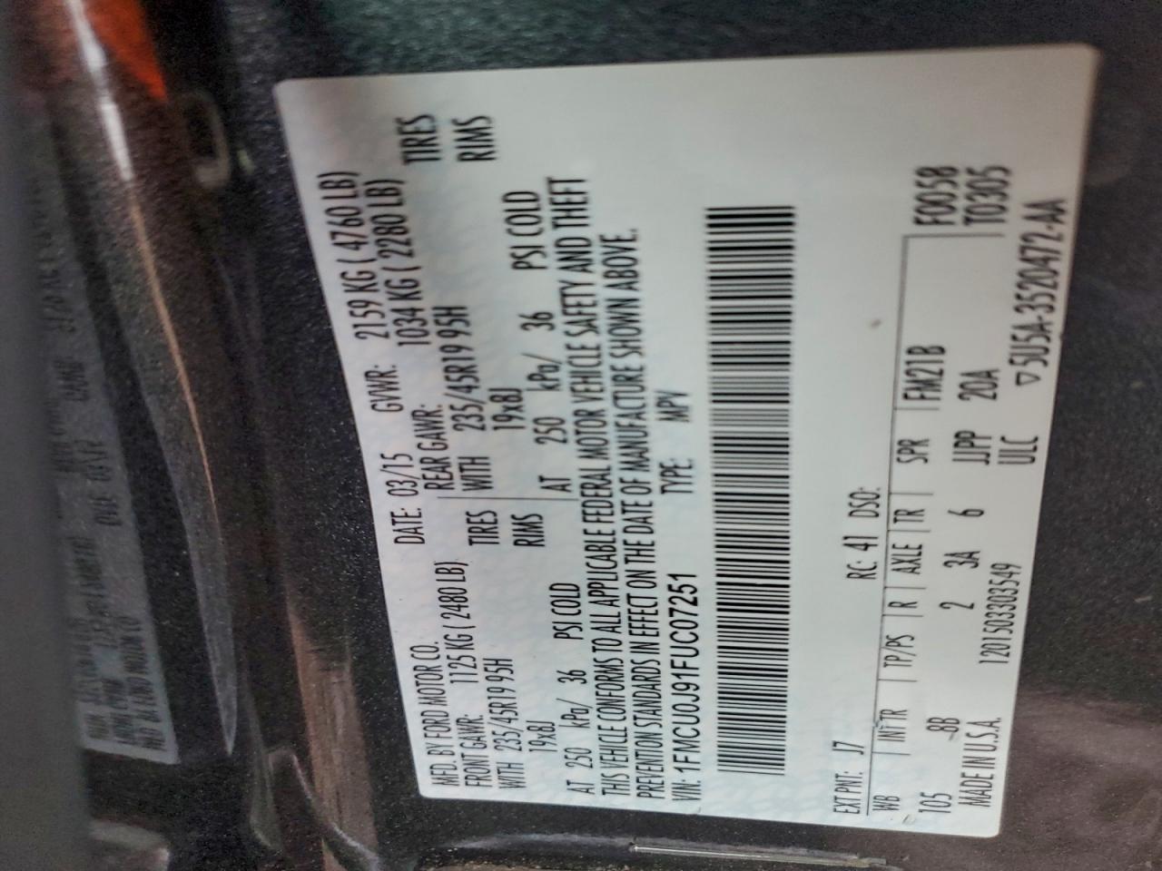 2015 Ford Escape Titanium VIN: 1FMCU0J91FUC07251 Lot: 94347705