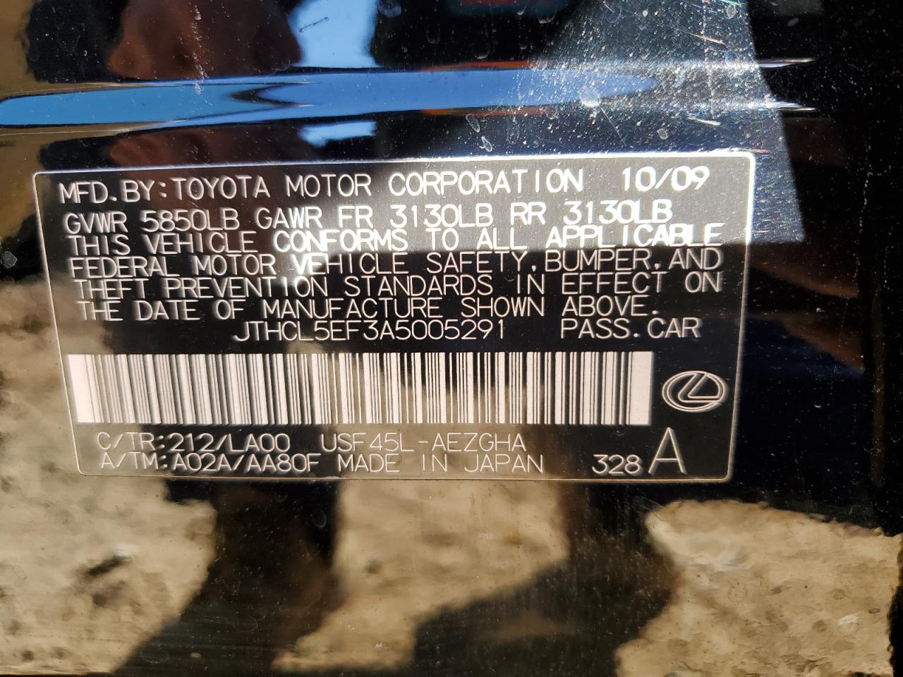 2010 Lexus Ls 460 VIN: JTHCL5EF3A5005291 Lot: 92910205