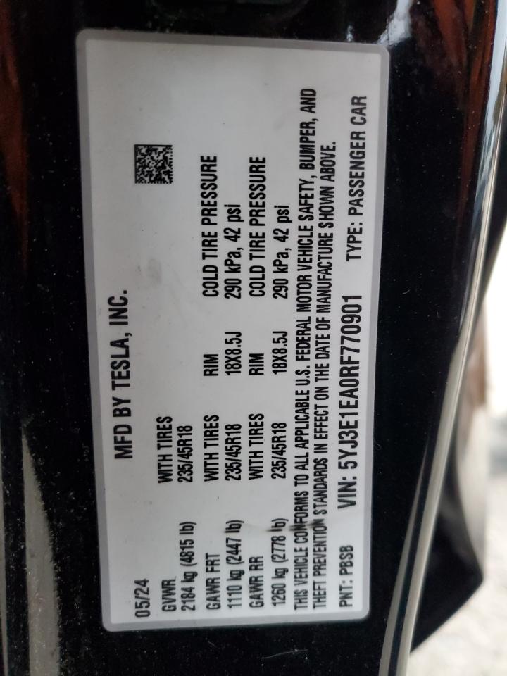 2024 Tesla Model 3 VIN: 5YJ3E1EA0RF770901 Lot: 90673685