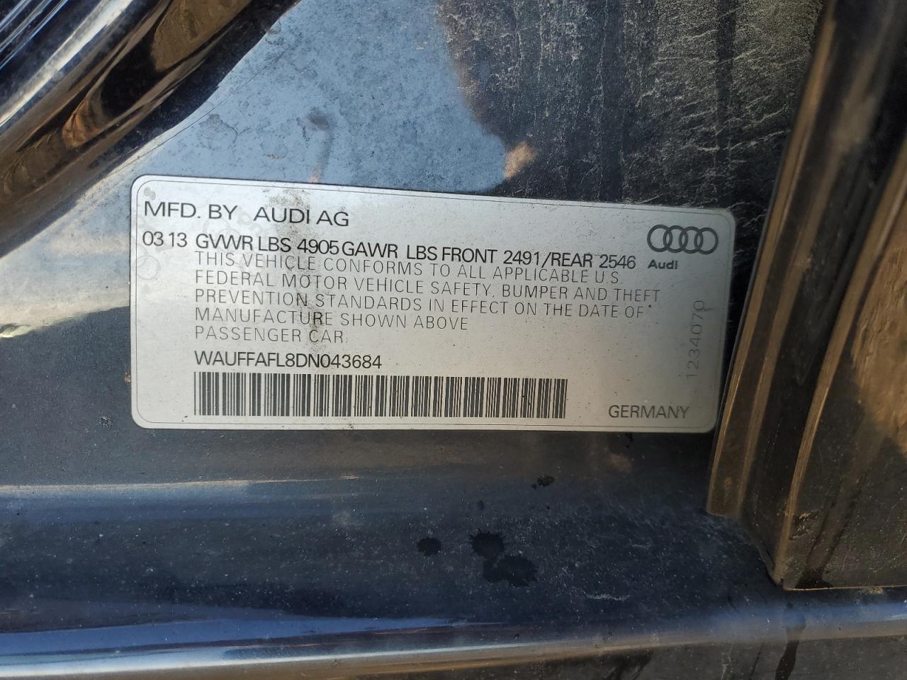 2013 Audi A4 Premium Plus VIN: WAUFFAFL8DN043684 Lot: 93127445