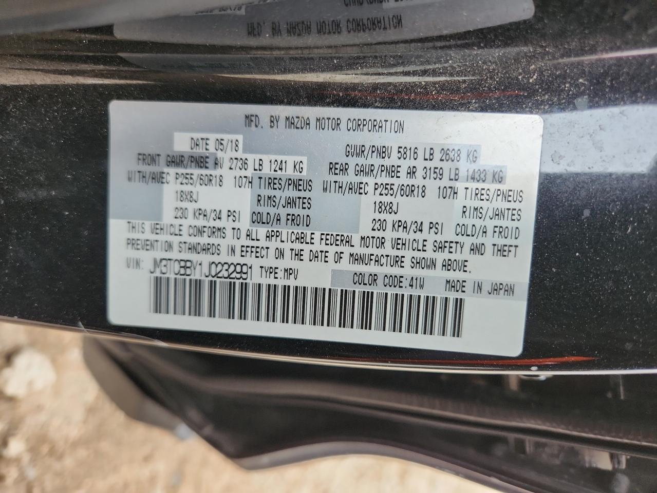 2018 Mazda Cx-9 Sport VIN: JM3TCBBY1J0232991 Lot: 92913995