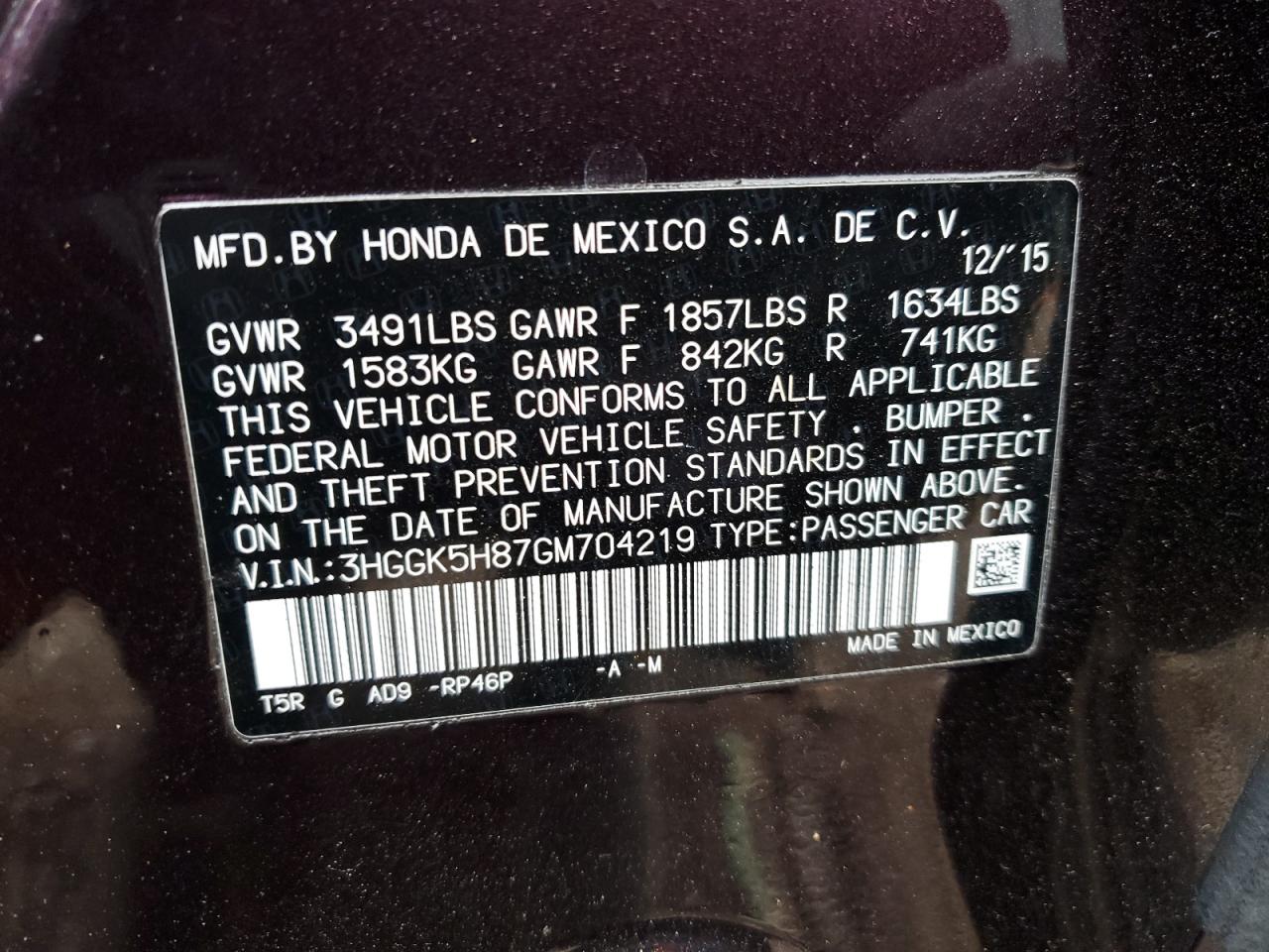 2016 Honda Fit Ex VIN: 3HGGK5H87GM704219 Lot: 93115445