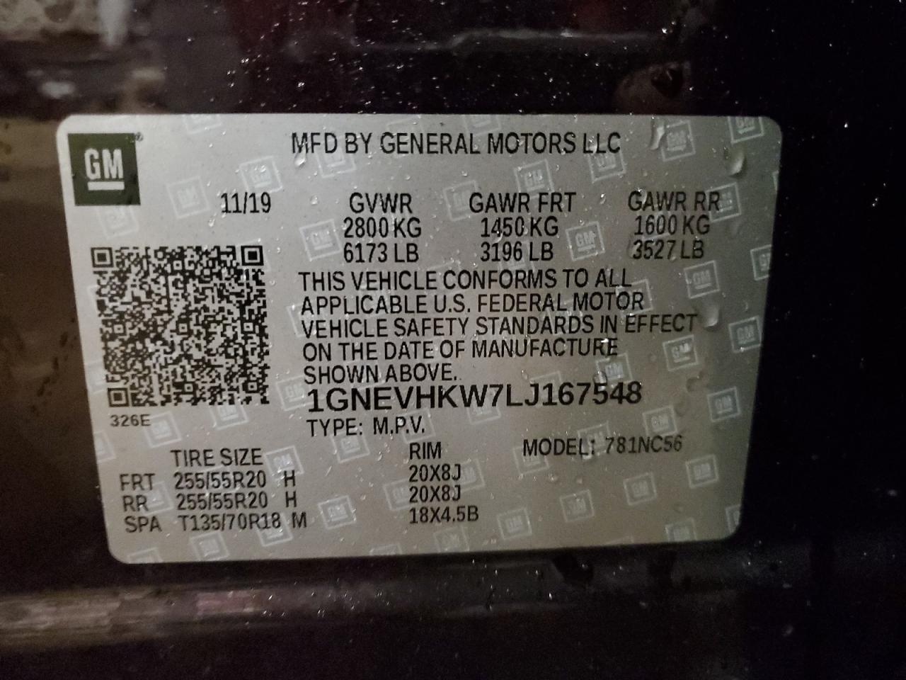 2020 Chevrolet Traverse Lt VIN: 1GNEVHKW7LJ167548 Lot: 91549885