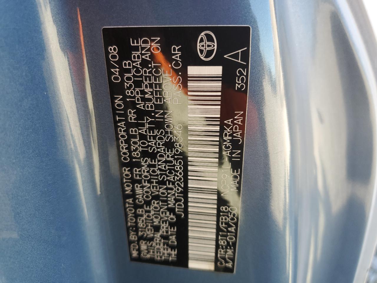 2008 Toyota Yaris VIN: JTDJT923685198346 Lot: 93326515