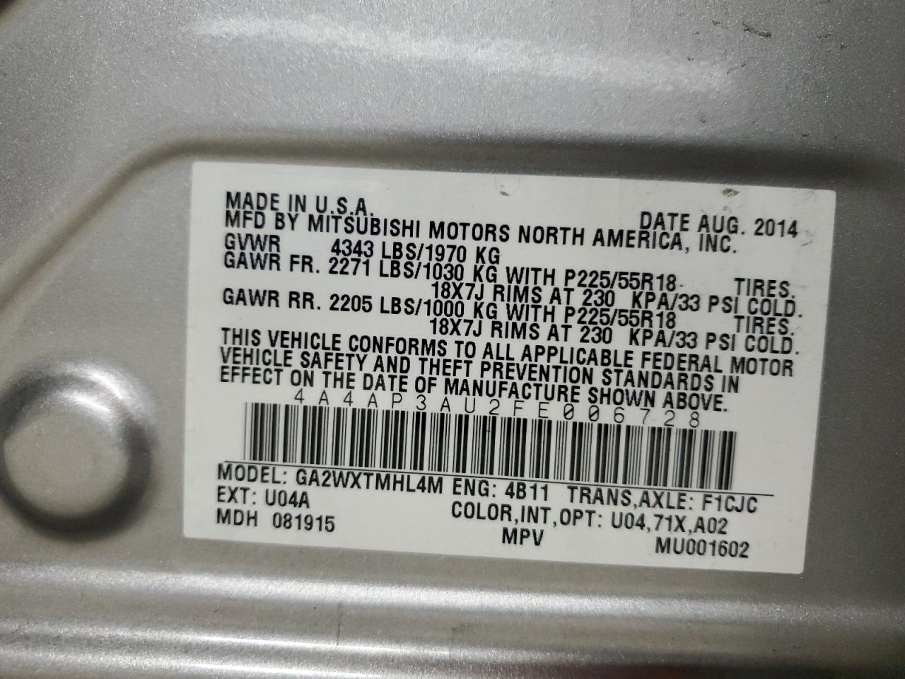 2015 Mitsubishi Outlander Sport Es VIN: 4A4AP3AU2FE006728 Lot: 92472755