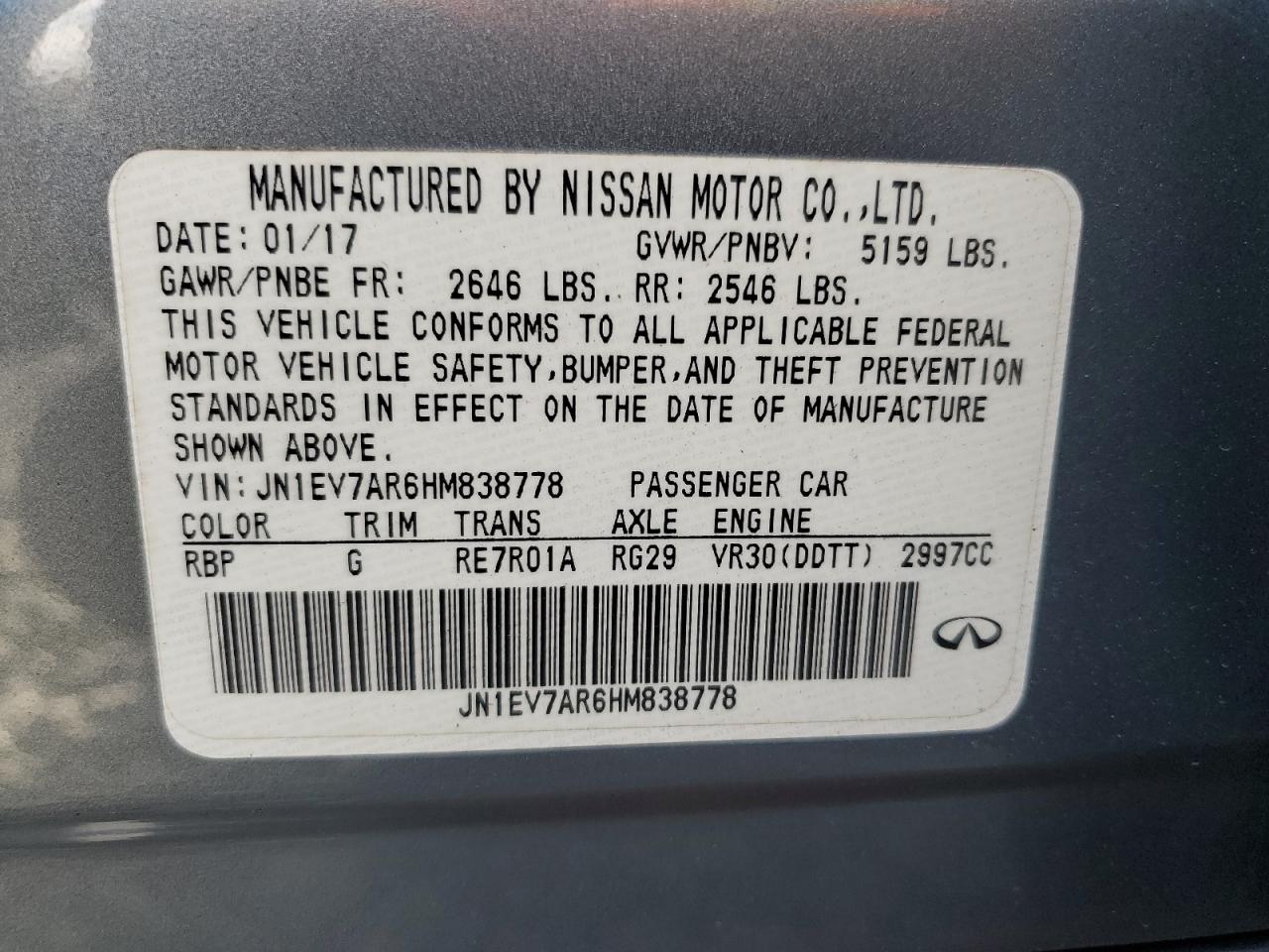 2017 Infiniti Q50 Premium VIN: JN1EV7AR6HM838778 Lot: 91029665