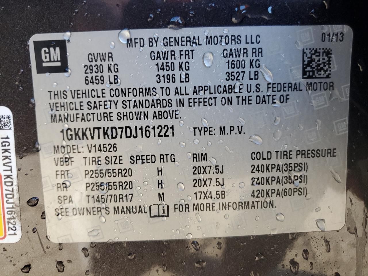 2013 GMC Acadia Denali VIN: 1GKKVTKD7DJ161221 Lot: 92616565