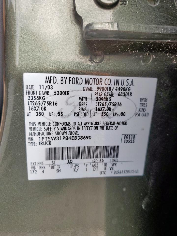 2004 Ford F350 Srw Super Duty VIN: 1FTSW31P84EB38690 Lot: 91942005