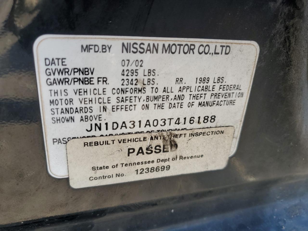 2003 Nissan Maxima Gle VIN: JN1DA31A03T416188 Lot: 91358155