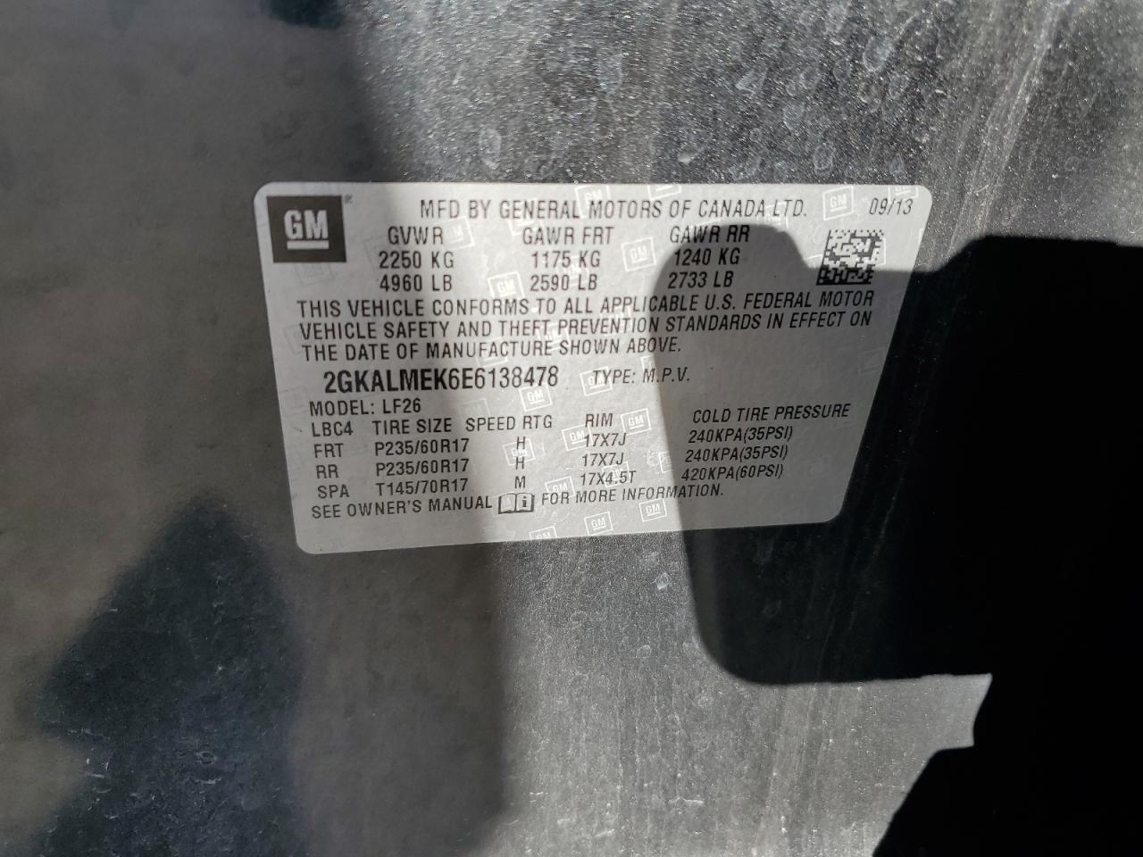 2014 GMC Terrain Sle VIN: 2GKALMEK6E6138478 Lot: 93424035